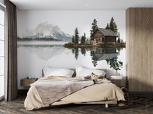 Load image into Gallery viewer, Rustic Lake Cabin Wall Decal, Mountain Reflection Wall Art, Cozy Lodge Mural, Airbnb Cabin Decor, Forest Lake Wall Sticker, Woodland Retreat