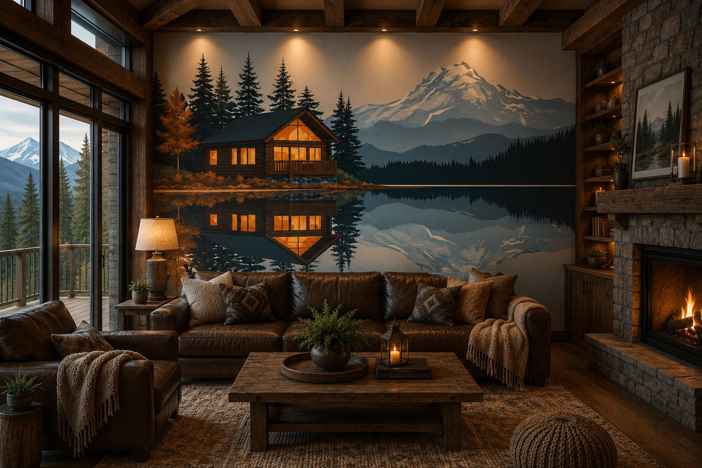 Mountain Lake Cabin Wall Decal, Rustic Lodge Wall Art, Cozy Cabin Mural, Forest Mountain Landscape Sticker, Airbnb Cabin Decor, Lake House