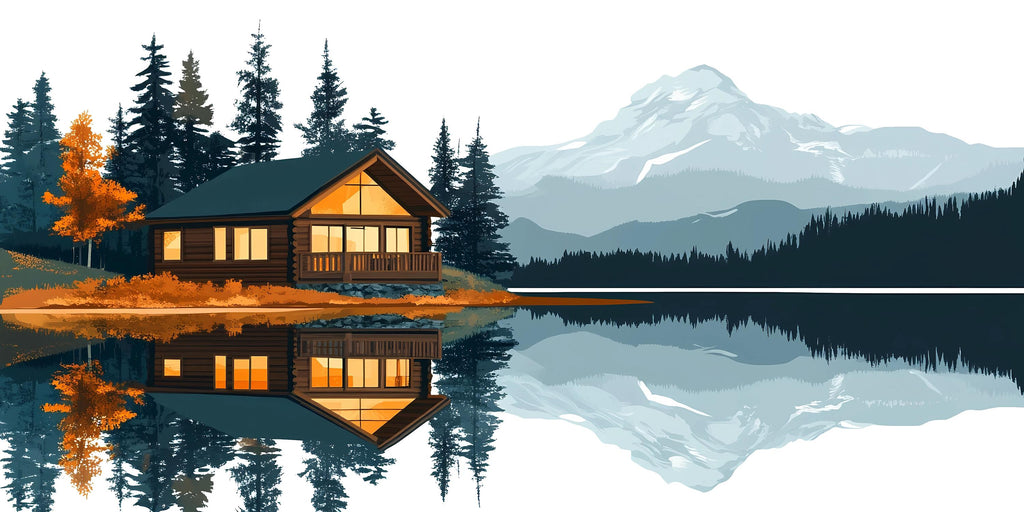 Mountain Lake Cabin Wall Decal, Rustic Lodge Wall Art, Cozy Cabin Mural, Forest Mountain Landscape Sticker, Airbnb Cabin Decor, Lake House