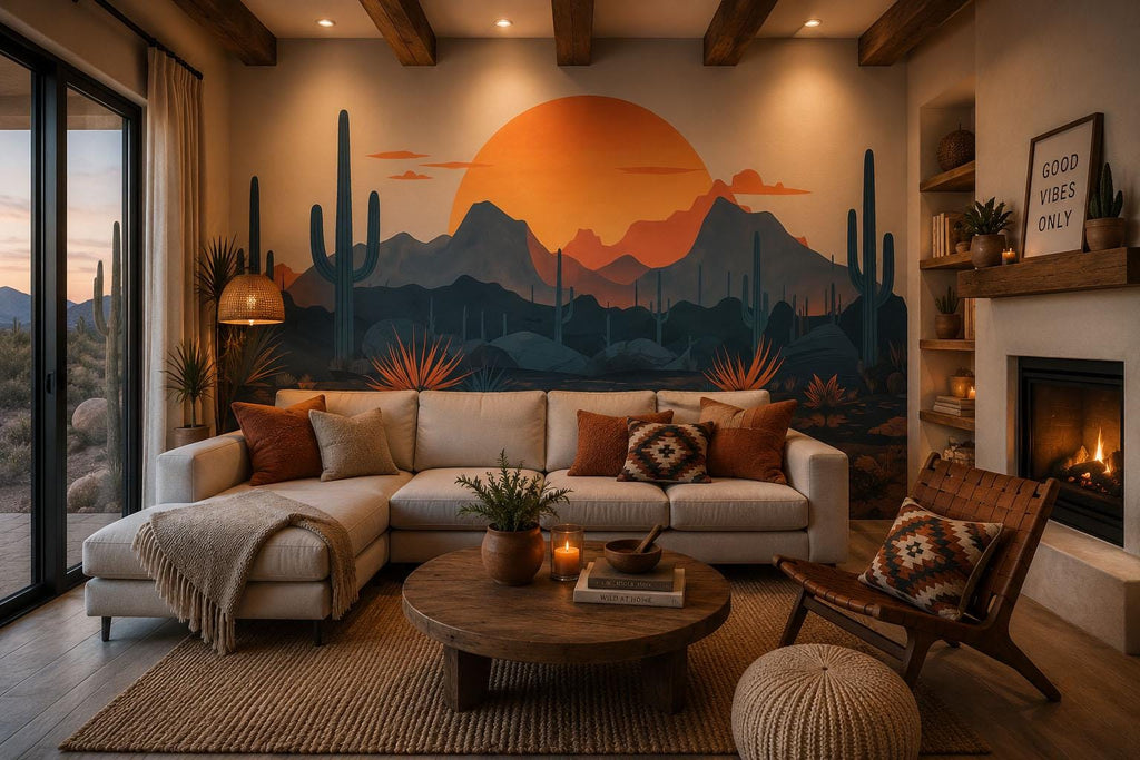Desert Sunset Wall Decal, Southwest Desert Mural, Boho Cactus Wall Art, Arizona Desert Landscape Sticker, Airbnb Desert Decor, Southwestern