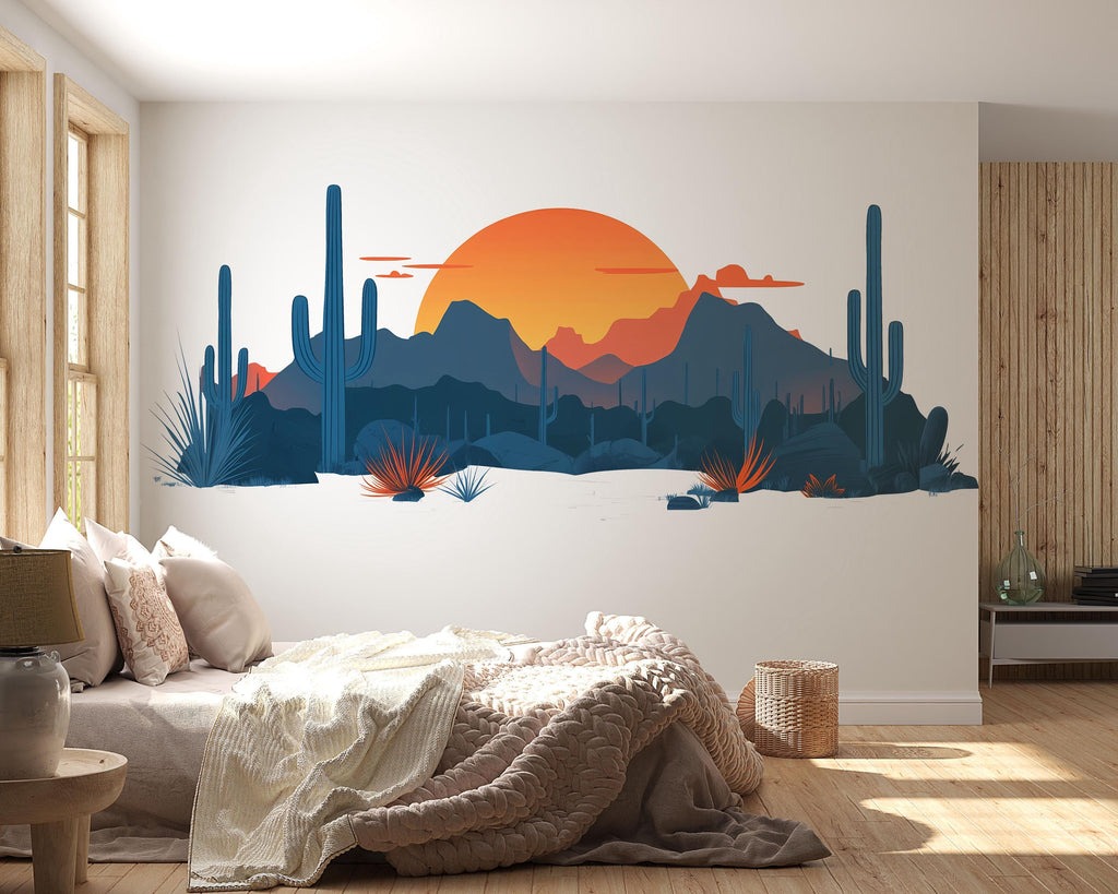 Desert Sunset Wall Decal, Southwest Desert Mural, Boho Cactus Wall Art, Arizona Desert Landscape Sticker, Airbnb Desert Decor, Southwestern