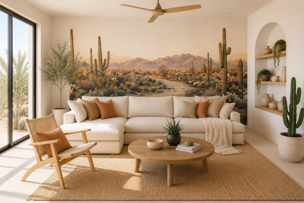 Desert Landscape Wall Decal, Southwest Cactus Mural, Arizona Desert Wall Art, Boho Desert Sticker, Airbnb Desert Decor, Saguaro Wall Mural
