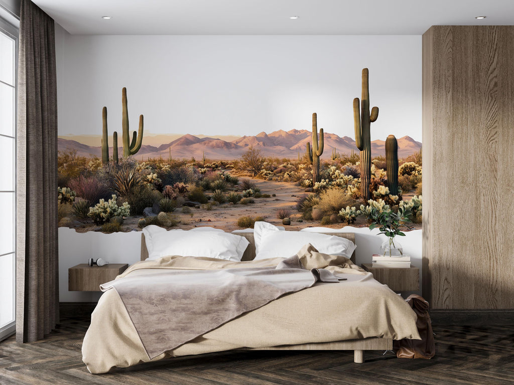 Desert Landscape Wall Decal, Southwest Cactus Mural, Arizona Desert Wall Art, Boho Desert Sticker, Airbnb Desert Decor, Saguaro Wall Mural