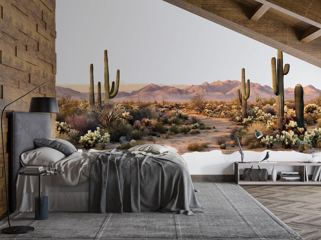 Desert Landscape Wall Decal, Southwest Cactus Mural, Arizona Desert Wall Art, Boho Desert Sticker, Airbnb Desert Decor, Saguaro Wall Mural