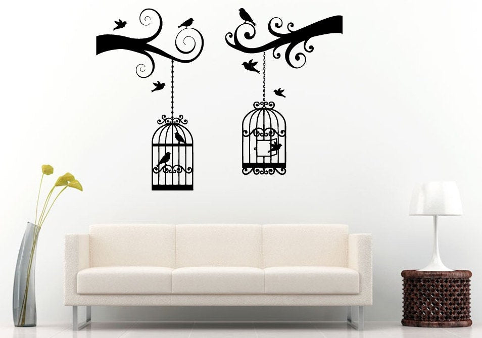 Two Tree Branch With Bird Cages Wall Decal Vinyl Sticker Mural Room Decor L955