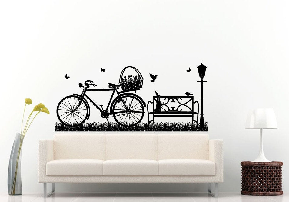 Retro Old School Bicycle Basket Grass Birds Bench Light Post Scene Wall Decal Vinyl Sticker Mural Room Decor L959