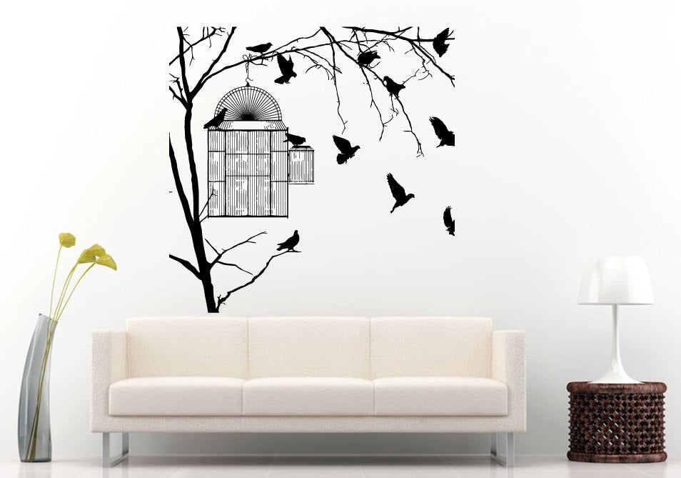 Beautiful Tree Branch With Bird Cage Hanging And Birds Everywhere Wall Decal Vinyl Sticker Mural Room Decor L963