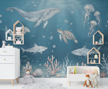 Load image into Gallery viewer, Ocean Animals Nursery Wallpaper - Watercolor Sea Creatures - Whale Shark Turtle - Soft Blue Kids Room Mural 1139RS
