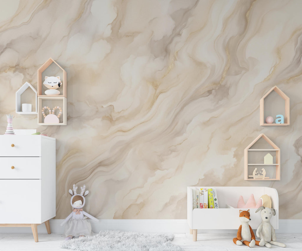 Abstract Marble Wallpaper - Soft Cream Beige Swirl - Watercolor Stone Texture - Neutral Minimalist Mural 1140RS