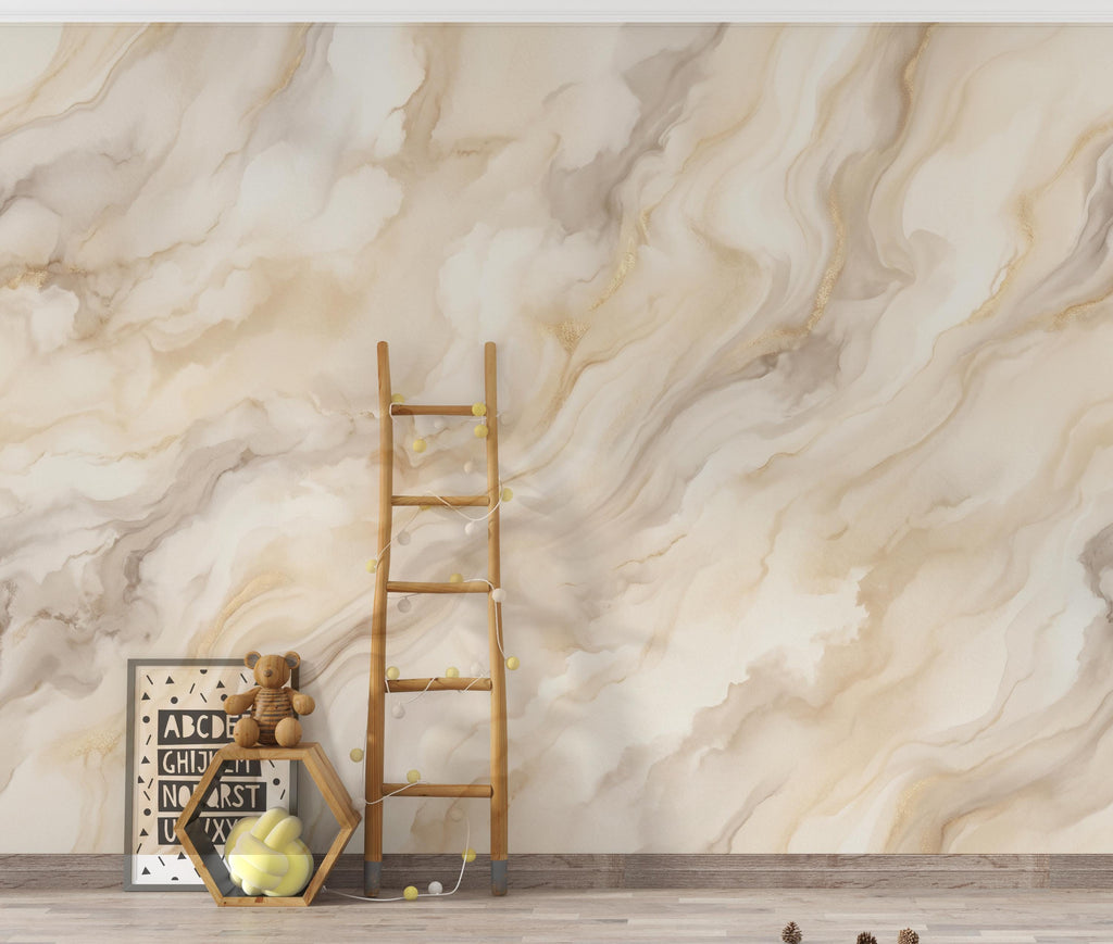 Abstract Marble Wallpaper - Soft Cream Beige Swirl - Watercolor Stone Texture - Neutral Minimalist Mural 1140RS