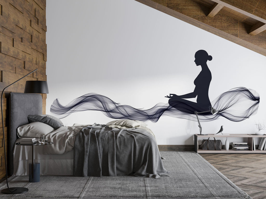 Meditation Wall Mural, Yoga Studio Wallpaper, Zen Spa Wall Art, Neutral Wellness Decor, Sitting Woman Silhouette Mural, 654mv