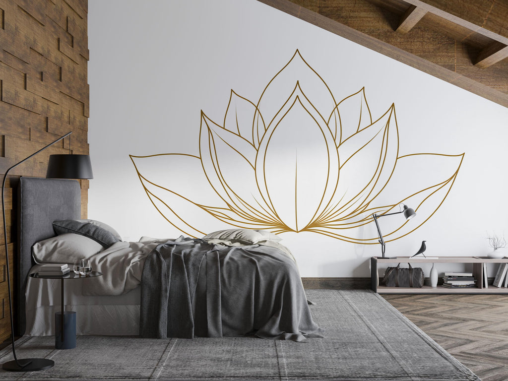 Gold Lotus Wall Mural, Yoga Studio Wallpaper, Zen Line Art Decor, Meditation Room Wall Art, Minimal Spa Mural, 661mv