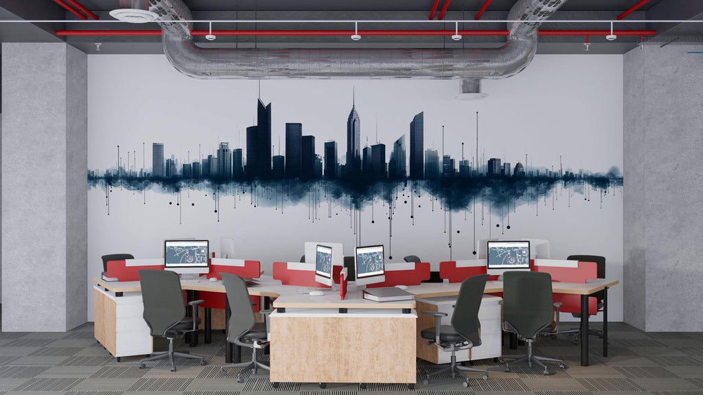 City Skyline Office Wall Mural, Modern Workspace Wallpaper, Urban Cityscape Wall Art, Corporate Executive Office Decor, 672mv