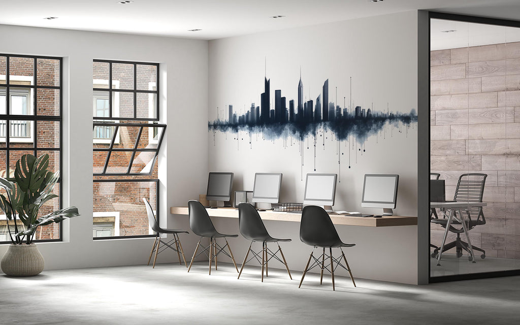 City Skyline Office Wall Mural, Modern Workspace Wallpaper, Urban Cityscape Wall Art, Corporate Executive Office Decor, 672mv