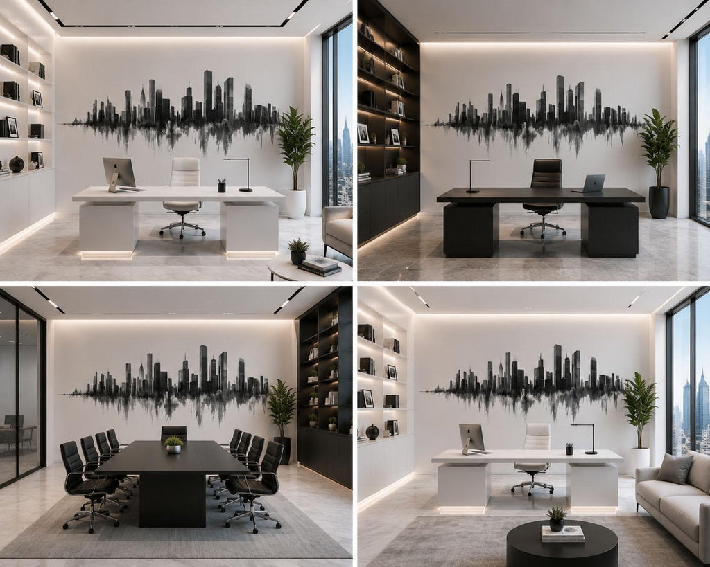 City Skyline Wall Mural, Modern Office Wallpaper, Urban Cityscape Wall Art, Black White Executive Workspace Decor, 673mv