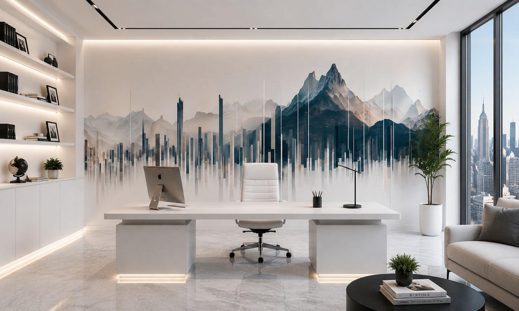 Mountain City Wall Mural, Modern Office Wallpaper, Urban Skyline Wall Art, Executive Workspace Decor, Corporate Nature Mural, 674mv