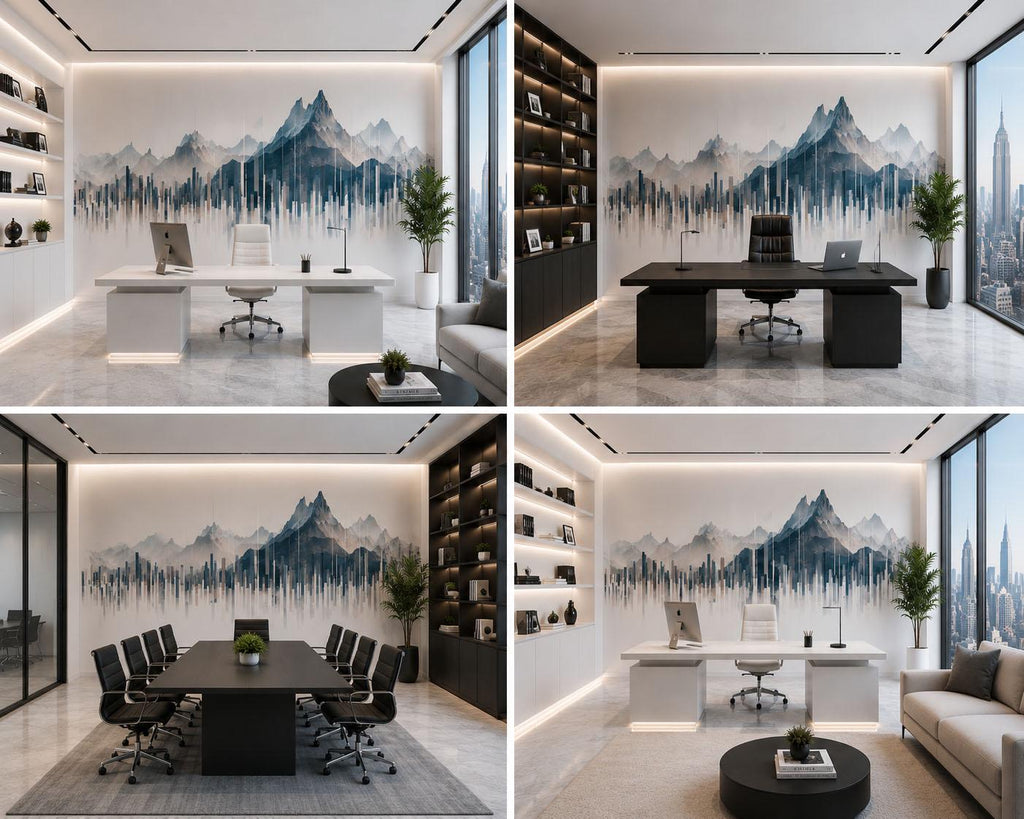 Mountain City Wall Mural, Modern Office Wallpaper, Urban Skyline Wall Art, Executive Workspace Decor, Corporate Nature Mural, 674mv