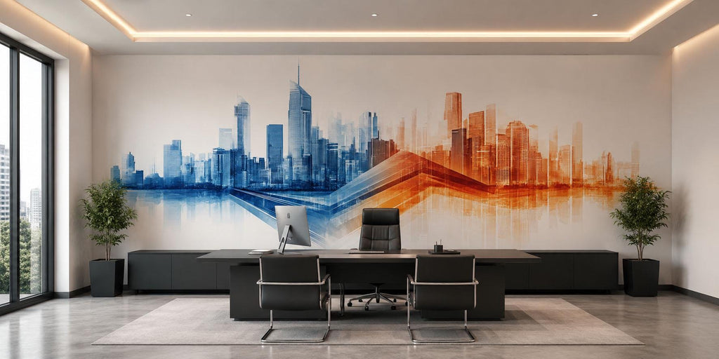 Blue Orange City Skyline Wall Mural, Modern Office Wallpaper, Executive Workspace Decor, Corporate Urban Wall Art, 677mv