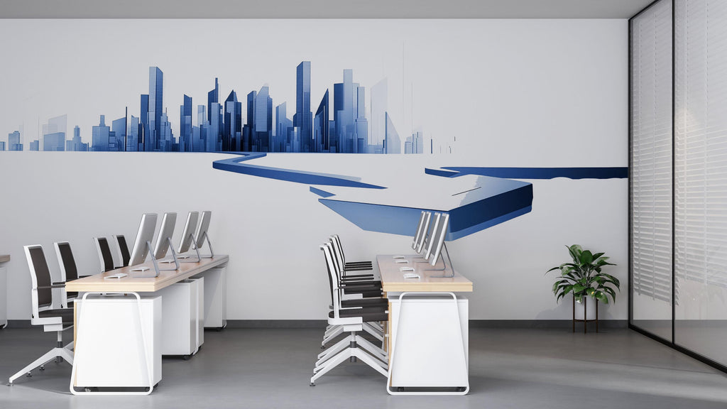 Blue City Skyline Wall Mural, Modern Office Wallpaper, Executive Workspace Decor, Corporate Urban Wall Art, Business Mural, 678mv