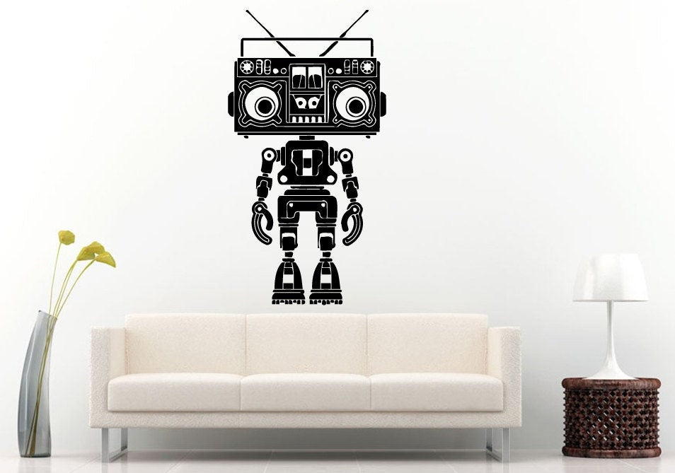 Boom Box Retro Old School Music Player A-Track Cassette Tape Radio Robot Speakers Wall Decal Vinyl Sticker Mural Room Decor L983