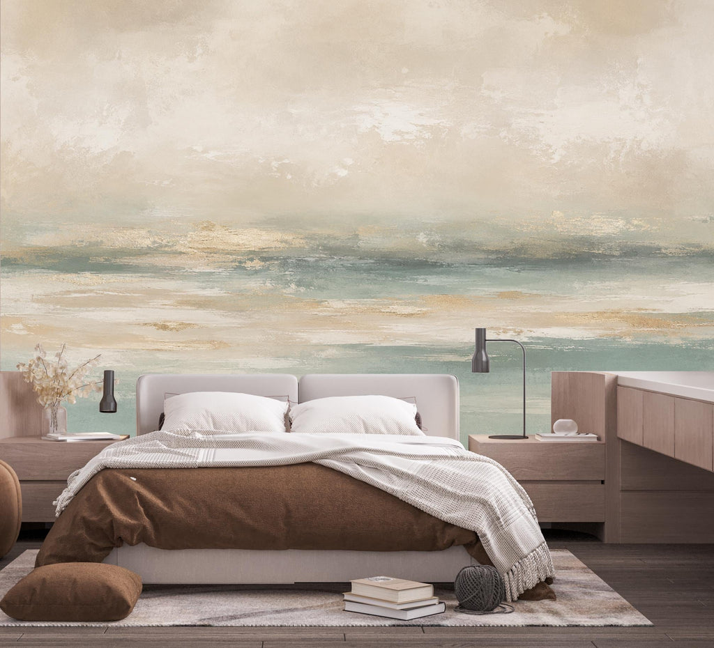 Abstract Coastal Wallpaper Mural | Modern Ocean Horizon Wall Mural | Neutral Textured Beach Wallpaper Decor | Peel and Stick 860LU