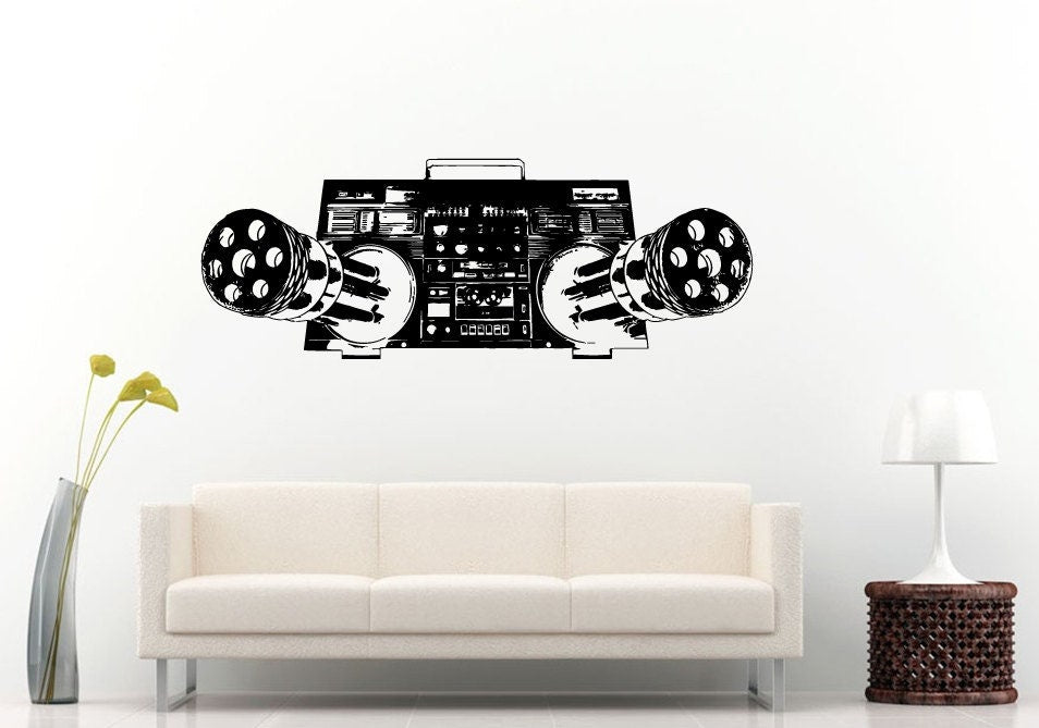 Boom Box Retro Old School Music Player A-Track Cassette Tape Radio Machine Guns For Speakers Wall Decal Vinyl Sticker Mural Room Decor L982