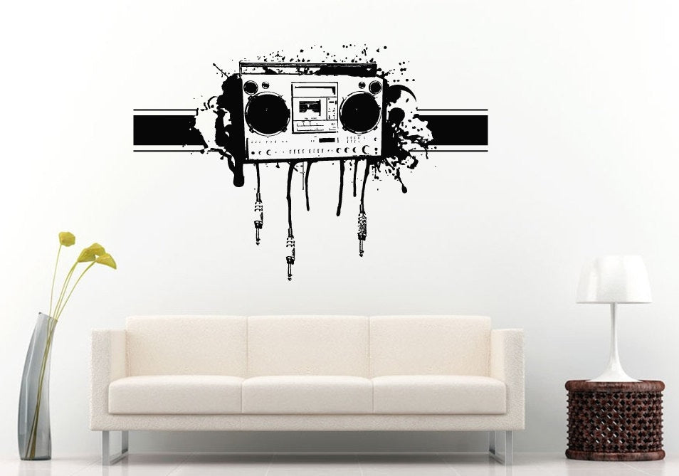 Graffiti Audio Aux Cords Boom Box Retro Old School Music Player A-Track Cassette Tape Radio Wall Decal Vinyl Sticker Mural Room Decor L988