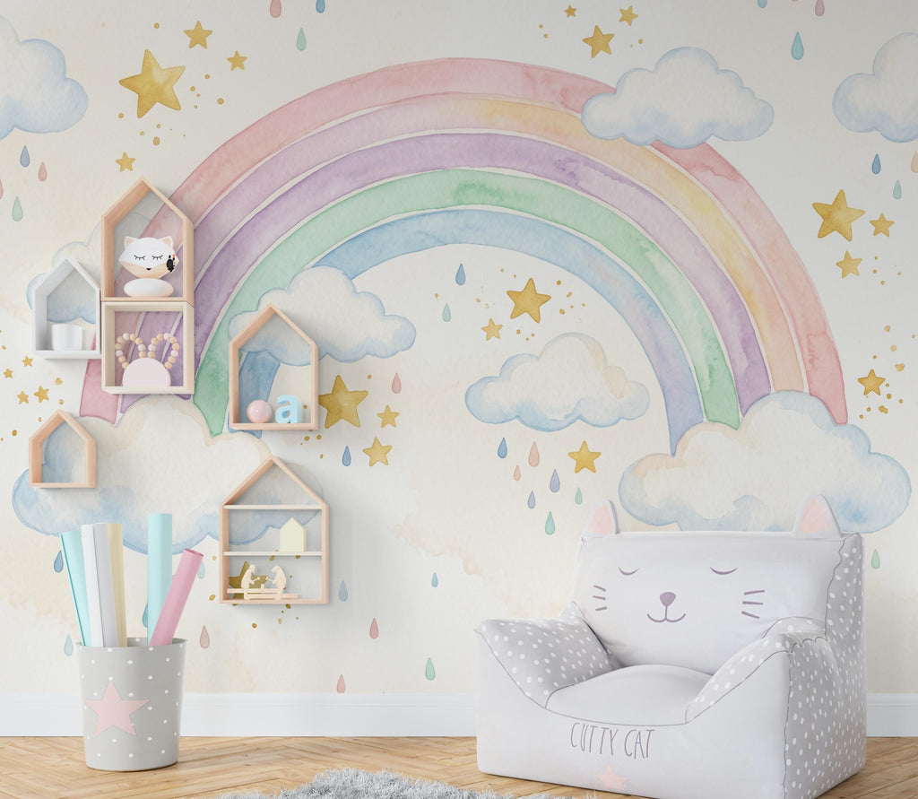 Rainbow Pastel Wallpaper Watercolor Rainbow Mural Nursery Stars Rainbow Wall Art for Nursery Bedroom or Living Room 1143RS