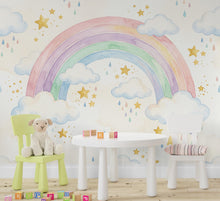 Load image into Gallery viewer, Rainbow Pastel Wallpaper Watercolor Rainbow Mural Nursery Stars Rainbow Wall Art for Nursery Bedroom or Living Room 1143RS