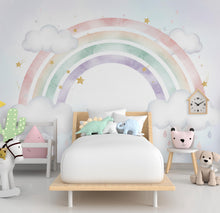 Load image into Gallery viewer, Pastel Rainbow Wallpaper Watercolor Rainbow Mural Nursery Stars Rainbow Wall Art for Nursery Bedroom or Living Room 1144RS