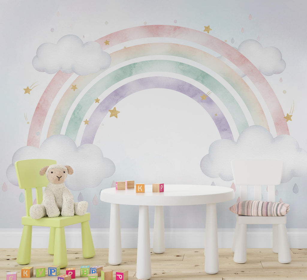 Pastel Rainbow Wallpaper Watercolor Rainbow Mural Nursery Stars Rainbow Wall Art for Nursery Bedroom or Living Room 1144RS
