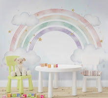 Load image into Gallery viewer, Pastel Rainbow Wallpaper Watercolor Rainbow Mural Nursery Stars Rainbow Wall Art for Nursery Bedroom or Living Room 1144RS