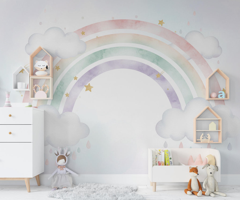 Pastel Rainbow Wallpaper Watercolor Rainbow Mural Nursery Stars Rainbow Wall Art for Nursery Bedroom or Living Room 1144RS