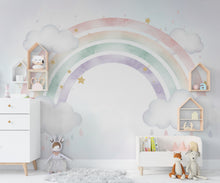 Load image into Gallery viewer, Pastel Rainbow Wallpaper Watercolor Rainbow Mural Nursery Stars Rainbow Wall Art for Nursery Bedroom or Living Room 1144RS