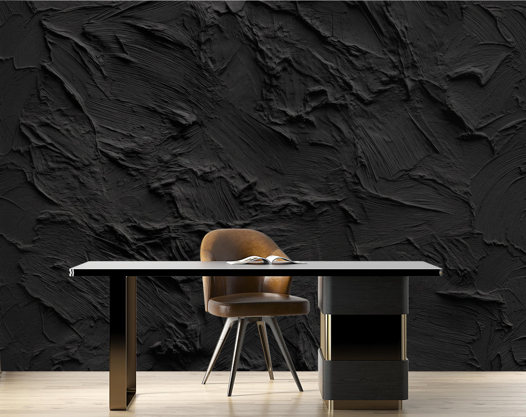 Black Textured Peel and Stick Wallpaper | Dark Charcoal Plaster Wall Mural | Modern Minimalist Wallpaper | 1145RS