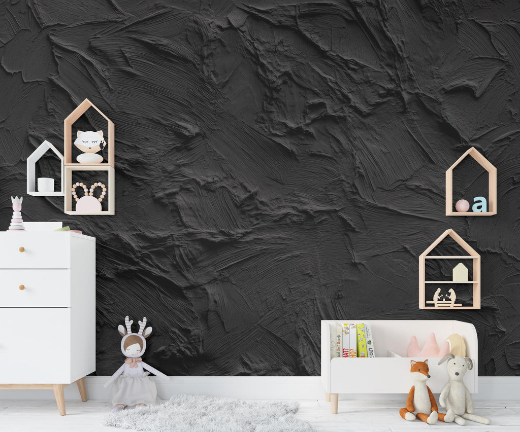 Black Textured Peel and Stick Wallpaper | Dark Charcoal Plaster Wall Mural | Modern Minimalist Wallpaper | 1145RS
