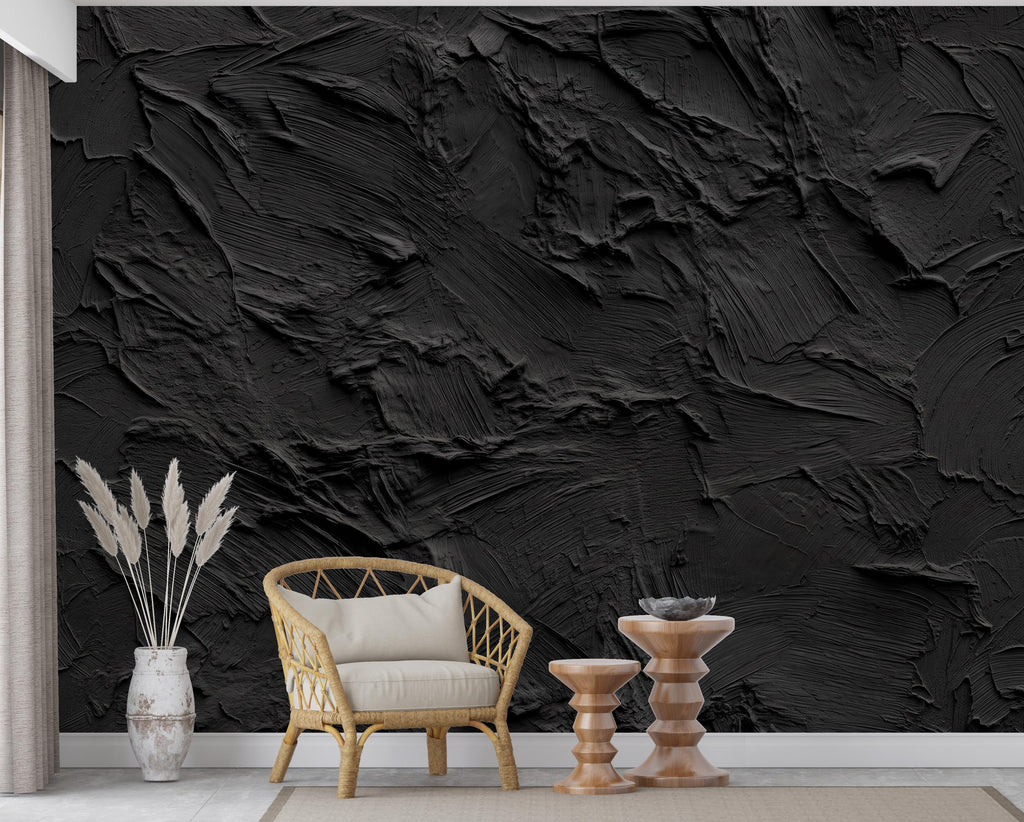 Black Textured Peel and Stick Wallpaper | Dark Charcoal Plaster Wall Mural | Modern Minimalist Wallpaper | 1145RS