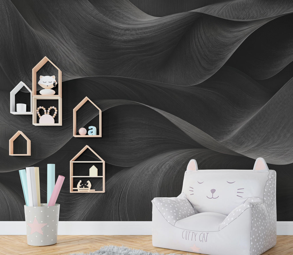 3D Black Wave Wallpaper - Abstract Flowing Fabric - Luxury Sculptural Texture - Modern Minimalist Neutral Mural 1146RS