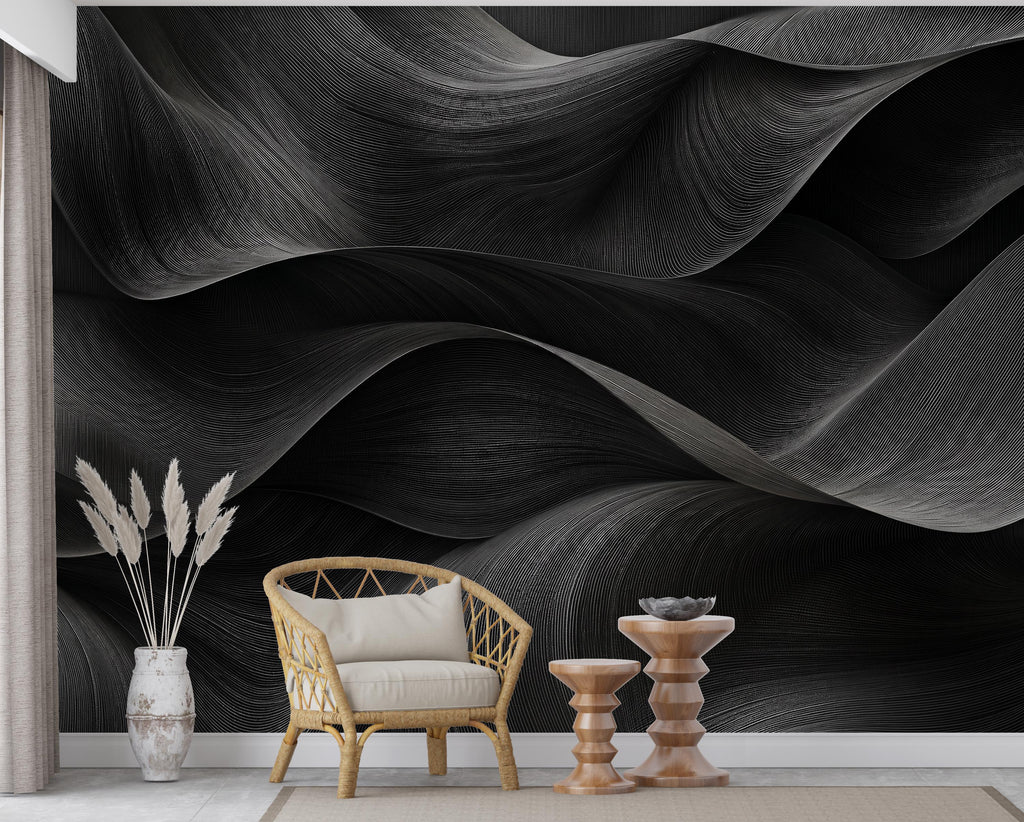 3D Black Wave Wallpaper - Abstract Flowing Fabric - Luxury Sculptural Texture - Modern Minimalist Neutral Mural 1146RS