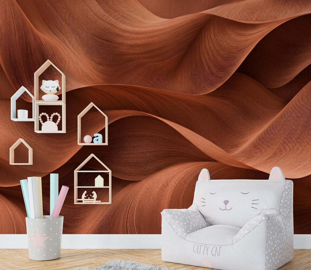3D Terracotta Wave Wallpaper - Abstract Flowing Fabric - Luxury Sculptural Texture - Modern Minimalist Neutral Mural 1147RS