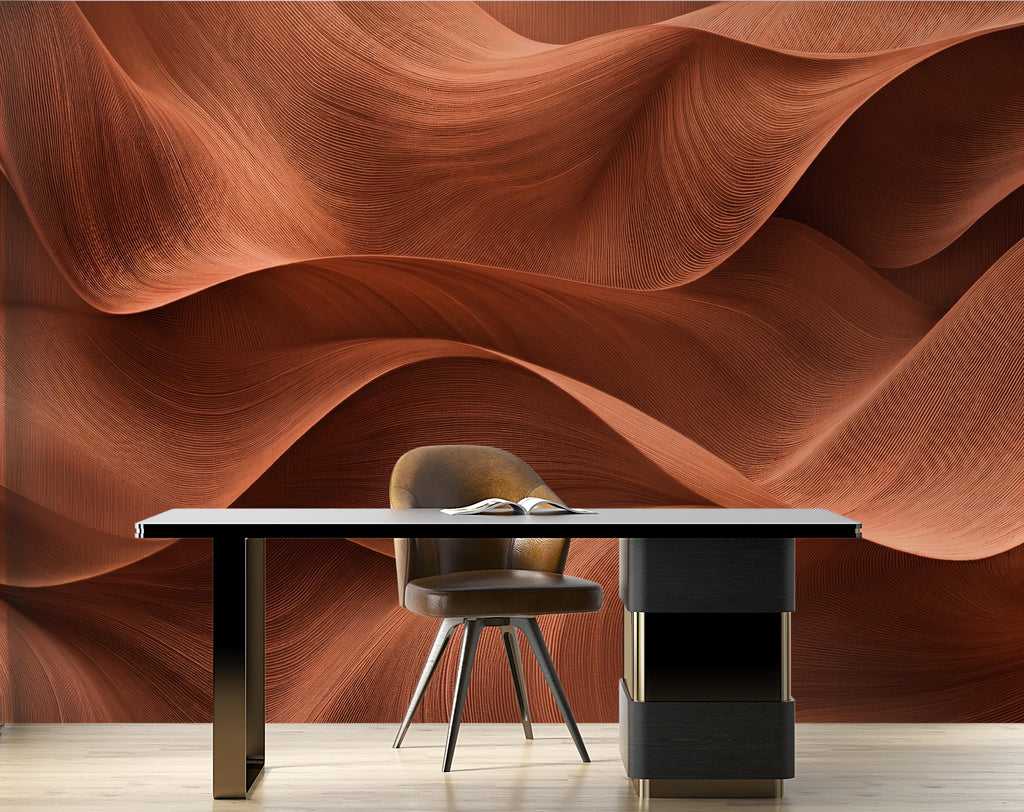 3D Terracotta Wave Wallpaper - Abstract Flowing Fabric - Luxury Sculptural Texture - Modern Minimalist Neutral Mural 1147RS