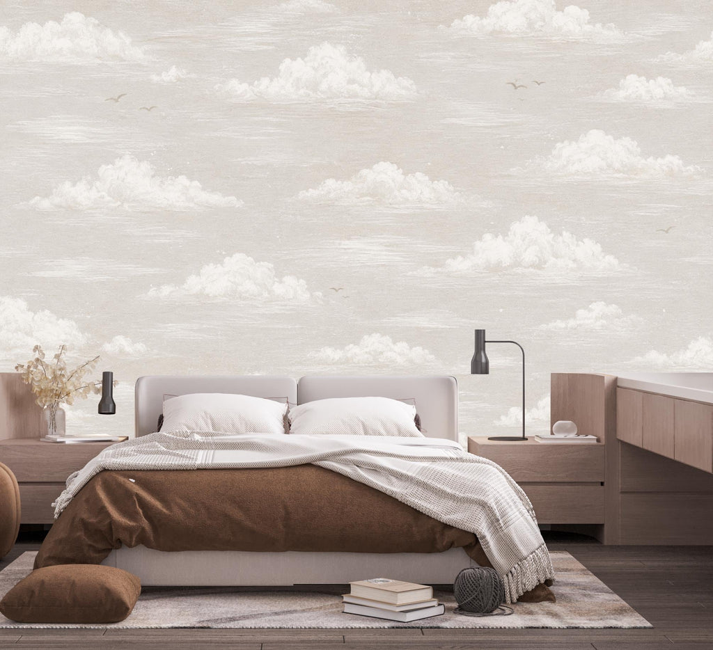 Neutral Cloud Wallpaper Mural | Soft Beige Nursery Wallpaper | Dreamy Sky Wall Decor for Baby Room Kids Bedroom | Peel and Stick 861LU
