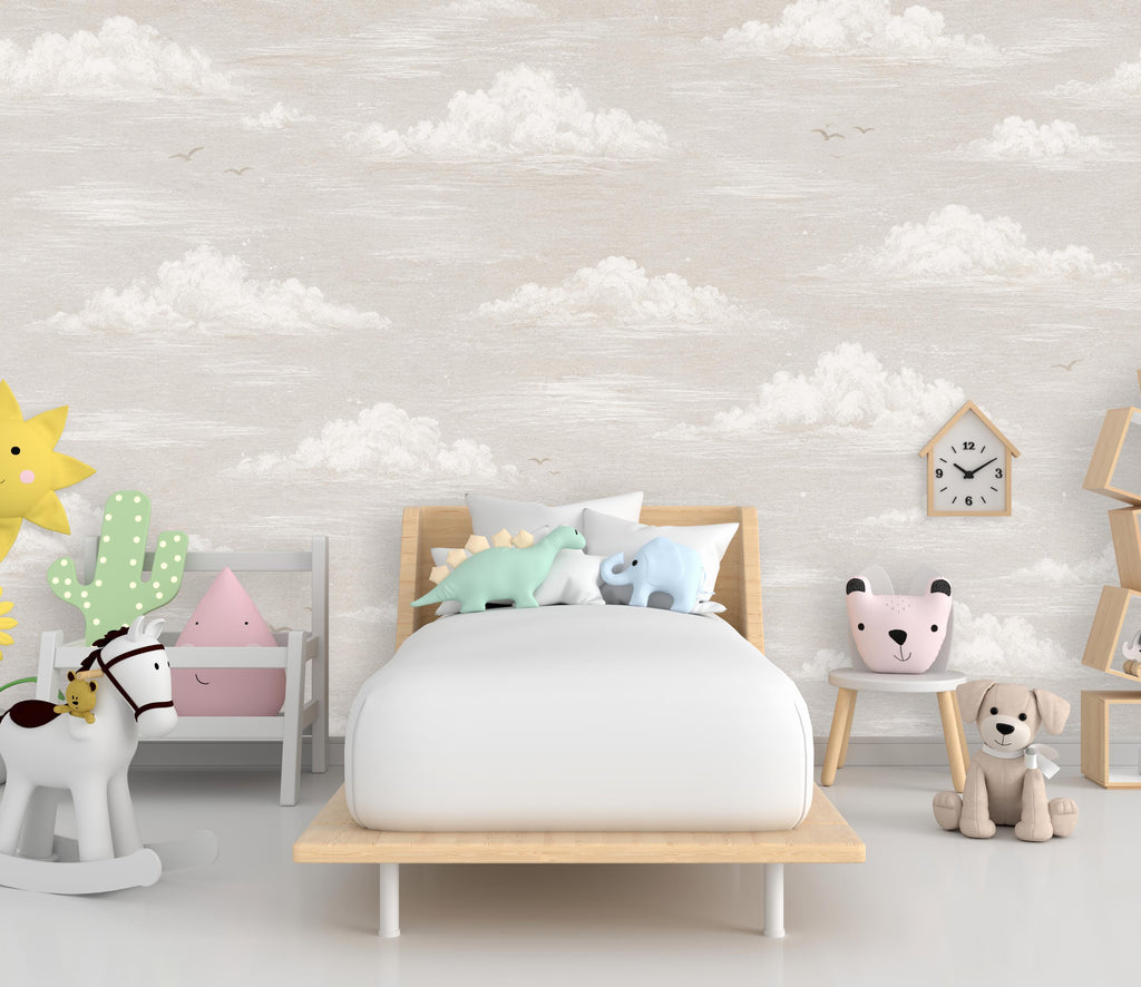 Neutral Cloud Wallpaper Mural | Soft Beige Nursery Wallpaper | Dreamy Sky Wall Decor for Baby Room Kids Bedroom | Peel and Stick 861LU