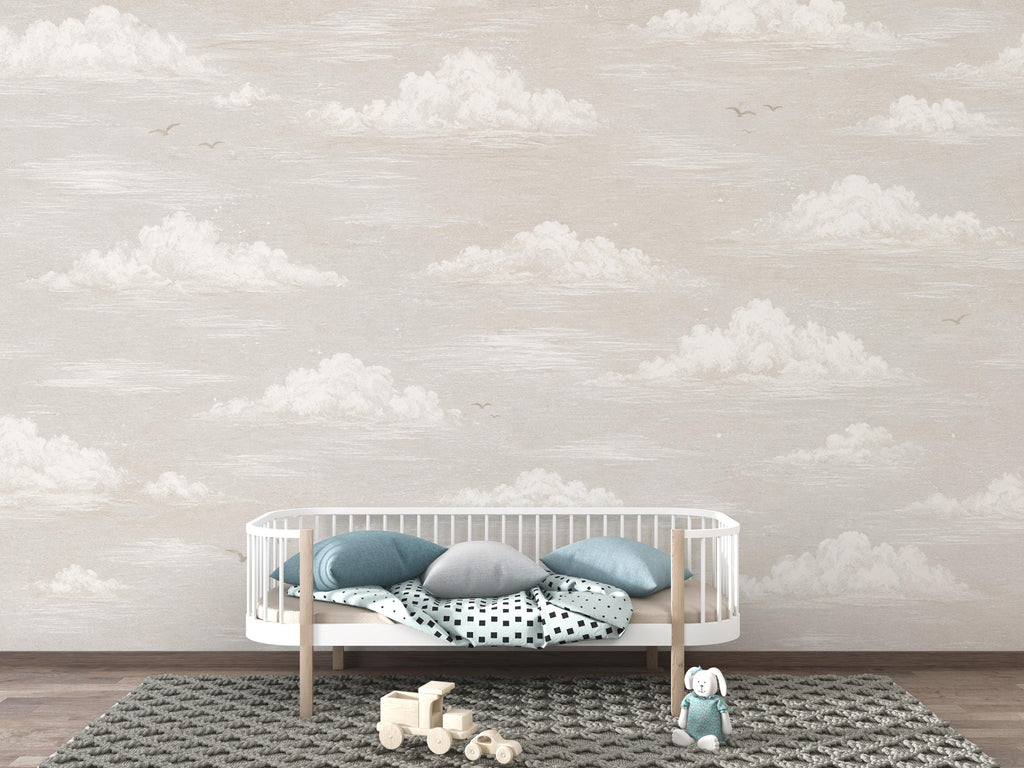 Neutral Cloud Wallpaper Mural | Soft Beige Nursery Wallpaper | Dreamy Sky Wall Decor for Baby Room Kids Bedroom | Peel and Stick 861LU