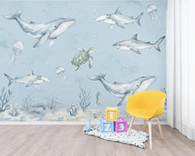 Load image into Gallery viewer, Ocean Nursery Wall Art, Watercolor Sea Animals Print, Whale Shark Turtle Jellyfish Decor, Nautical Baby Boy Nursery, Coastal Kids Room 431DE