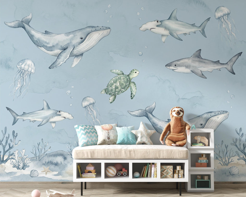 Ocean Nursery Wall Art, Watercolor Sea Animals Print, Whale Shark Turtle Jellyfish Decor, Nautical Baby Boy Nursery, Coastal Kids Room 431DE