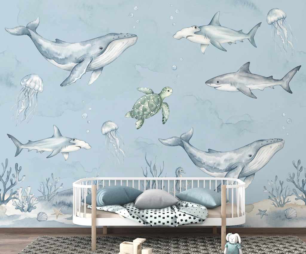 Ocean Nursery Wall Art, Watercolor Sea Animals Print, Whale Shark Turtle Jellyfish Decor, Nautical Baby Boy Nursery, Coastal Kids Room 431DE