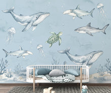 Load image into Gallery viewer, Ocean Nursery Wall Art, Watercolor Sea Animals Print, Whale Shark Turtle Jellyfish Decor, Nautical Baby Boy Nursery, Coastal Kids Room 431DE