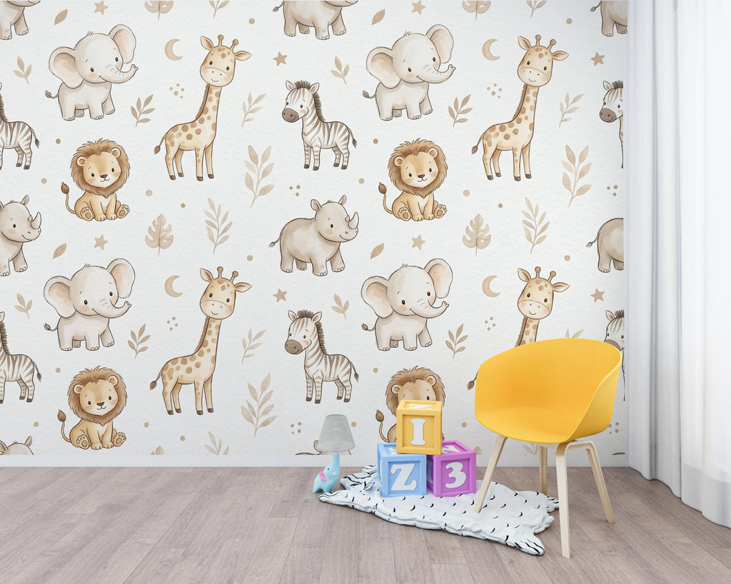 Safari Nursery Wall Art, Watercolor Jungle Animals, Elephant Giraffe Lion Zebra Decor, Neutral Baby Nursery, Boho Safari Kids Room 432DE
