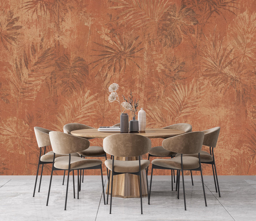 Terracotta Tropical Wallpaper | Vintage Botanical Wall Mural | Rustic Palm Leaf Wallpaper | Moody Boho Decor | Peel and Stick 862LU
